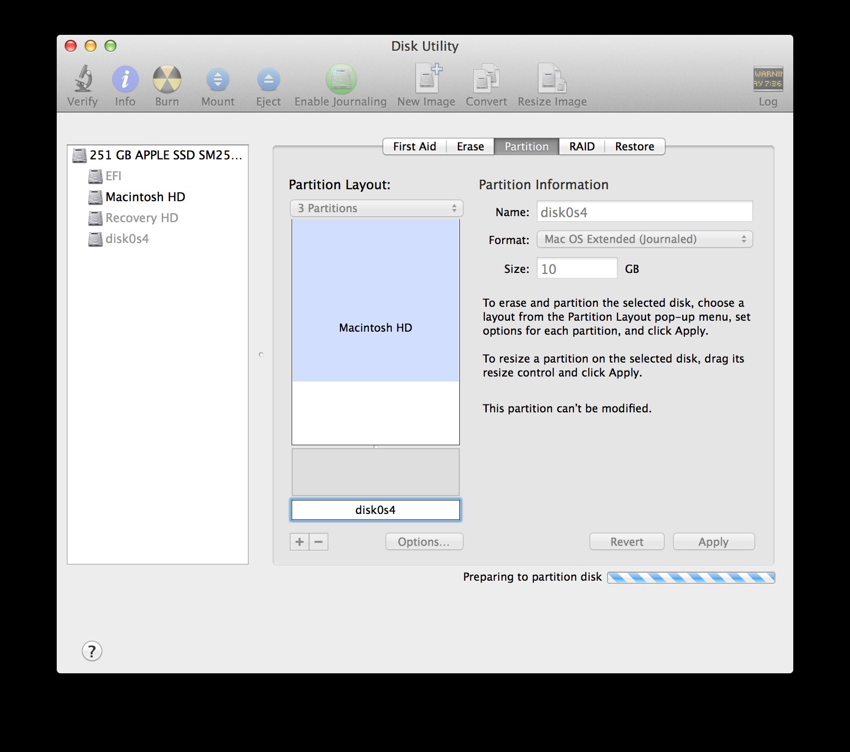 Disk Utility hanging prior to performing partition shrink